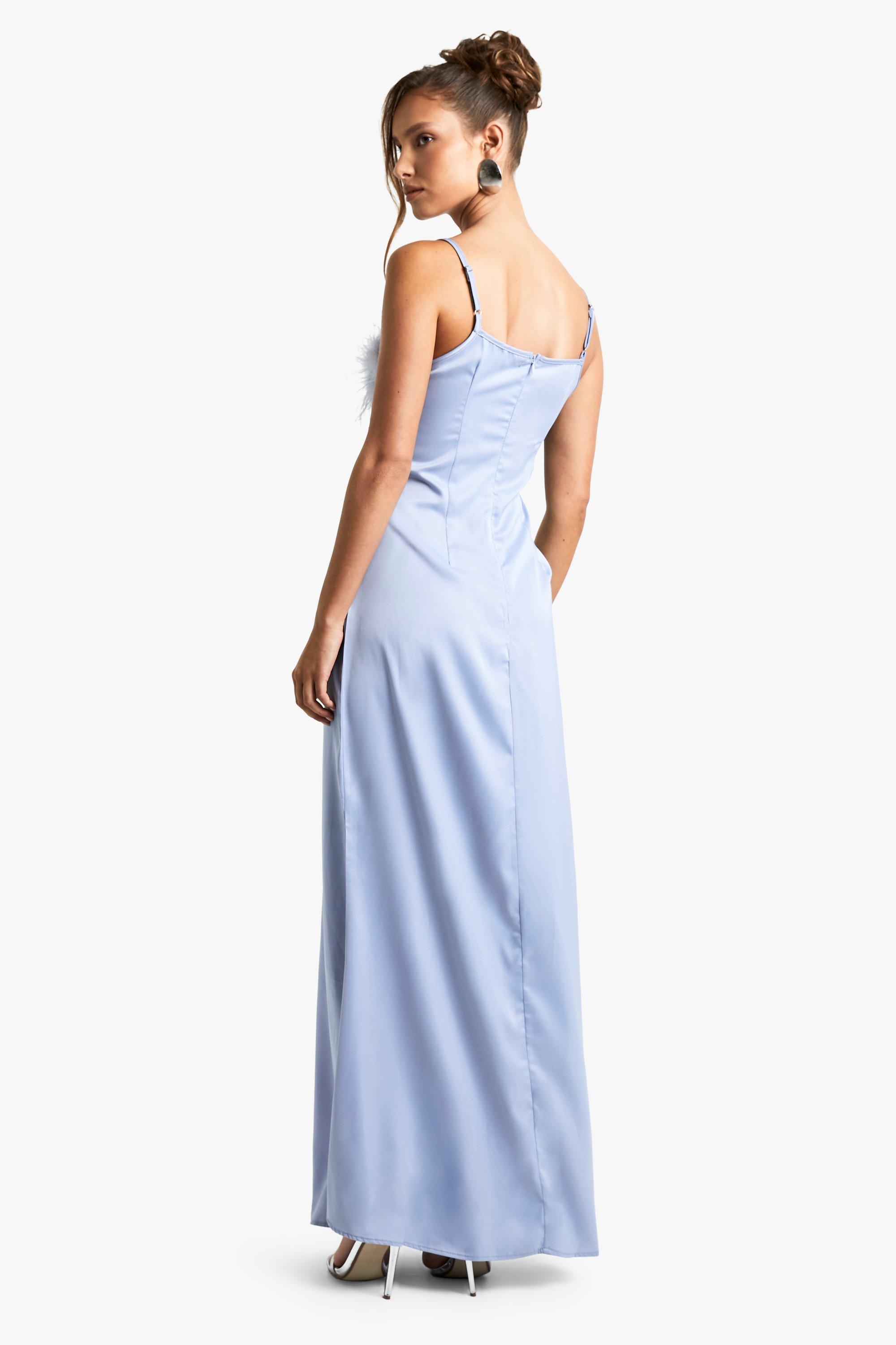 Boohoo Women s Feather Trim Satin Maxi Slip Dress Blue